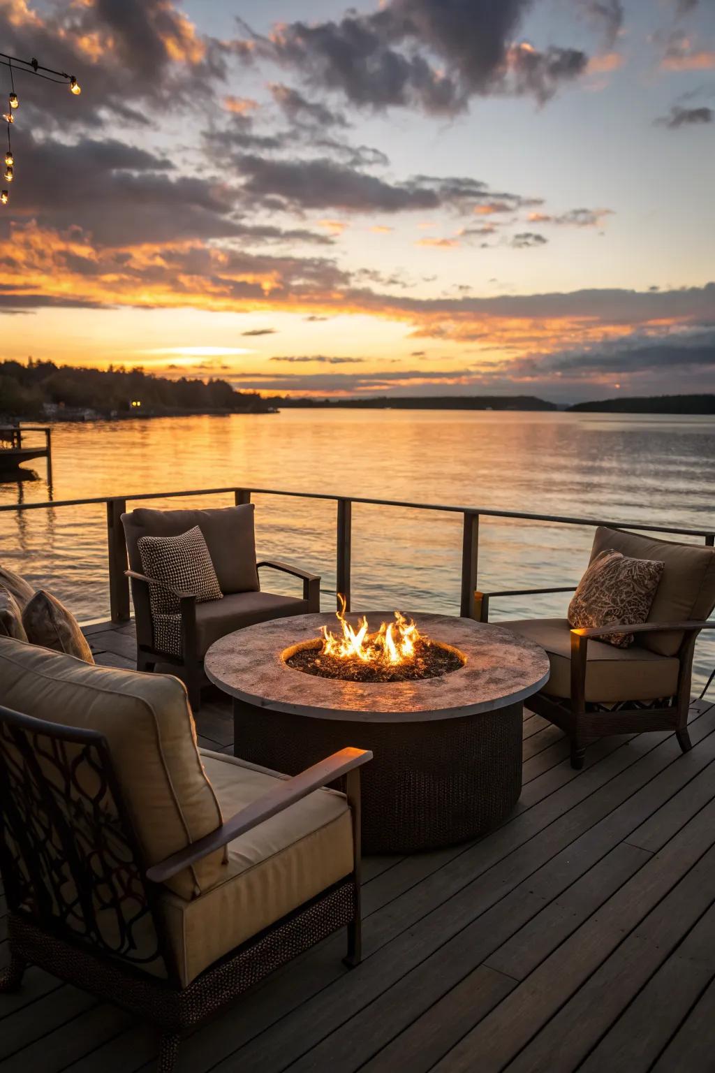 Fire pit tables add warmth and create a cozy atmosphere on the dock.
