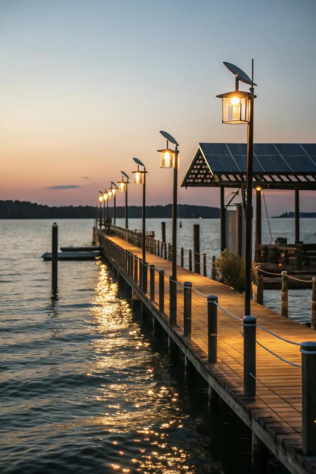 Solar-powered lighting enhances dock safety and ambiance.