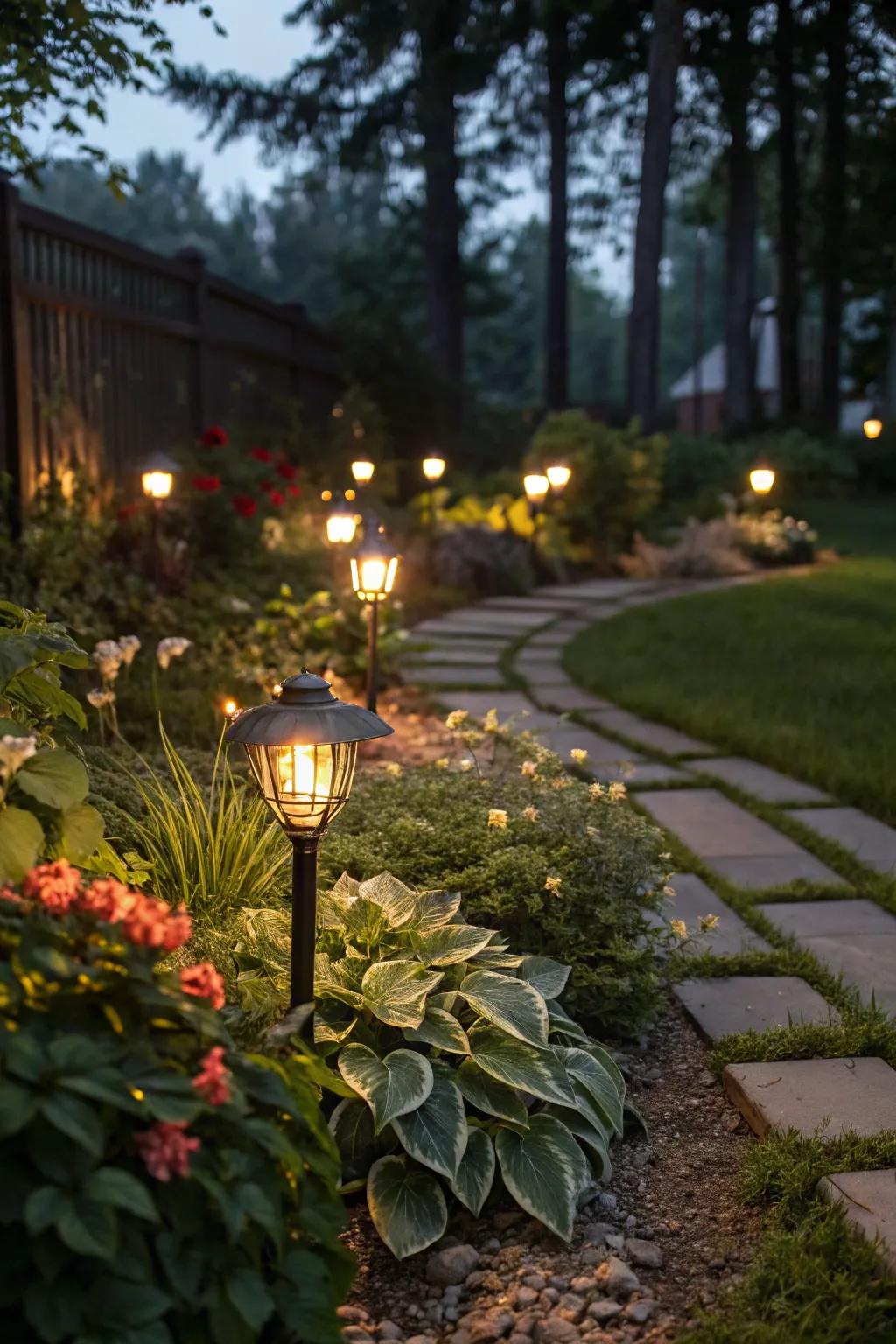Garden paths illuminated with solar lights