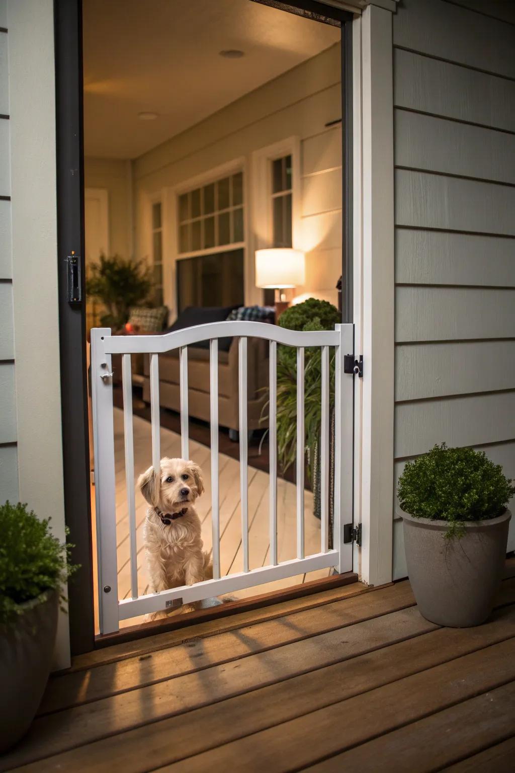 A custom pet gate adds safety and style to your porch.