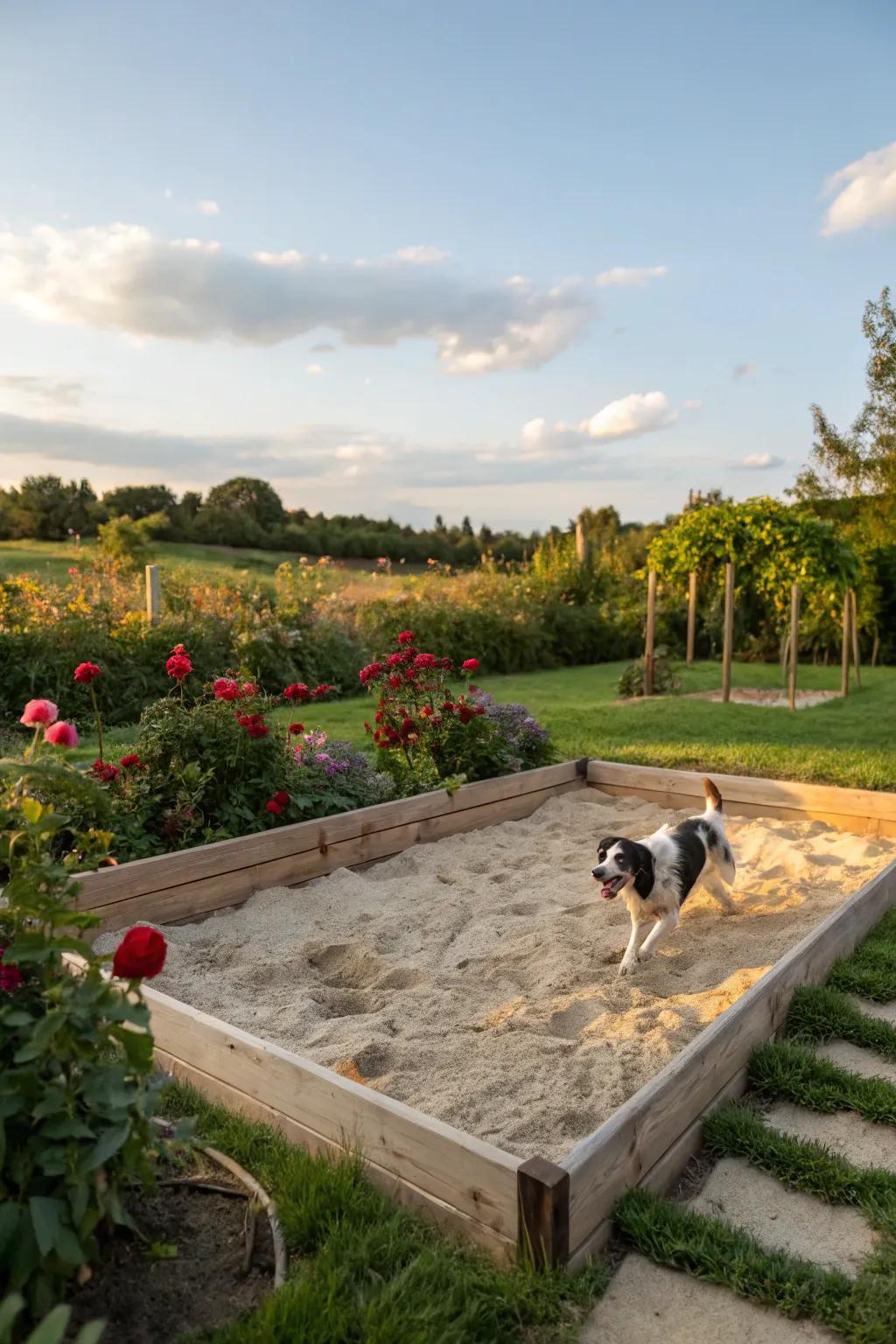 A sandpit satisfies a dog's digging instincts without garden damage.