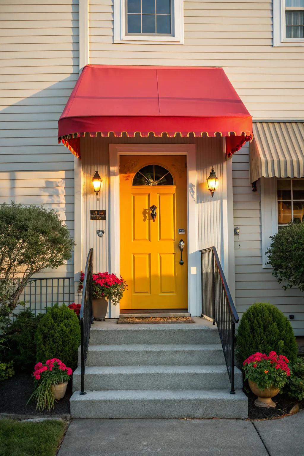 A vibrant colored awning adds a bold touch to this entrance.