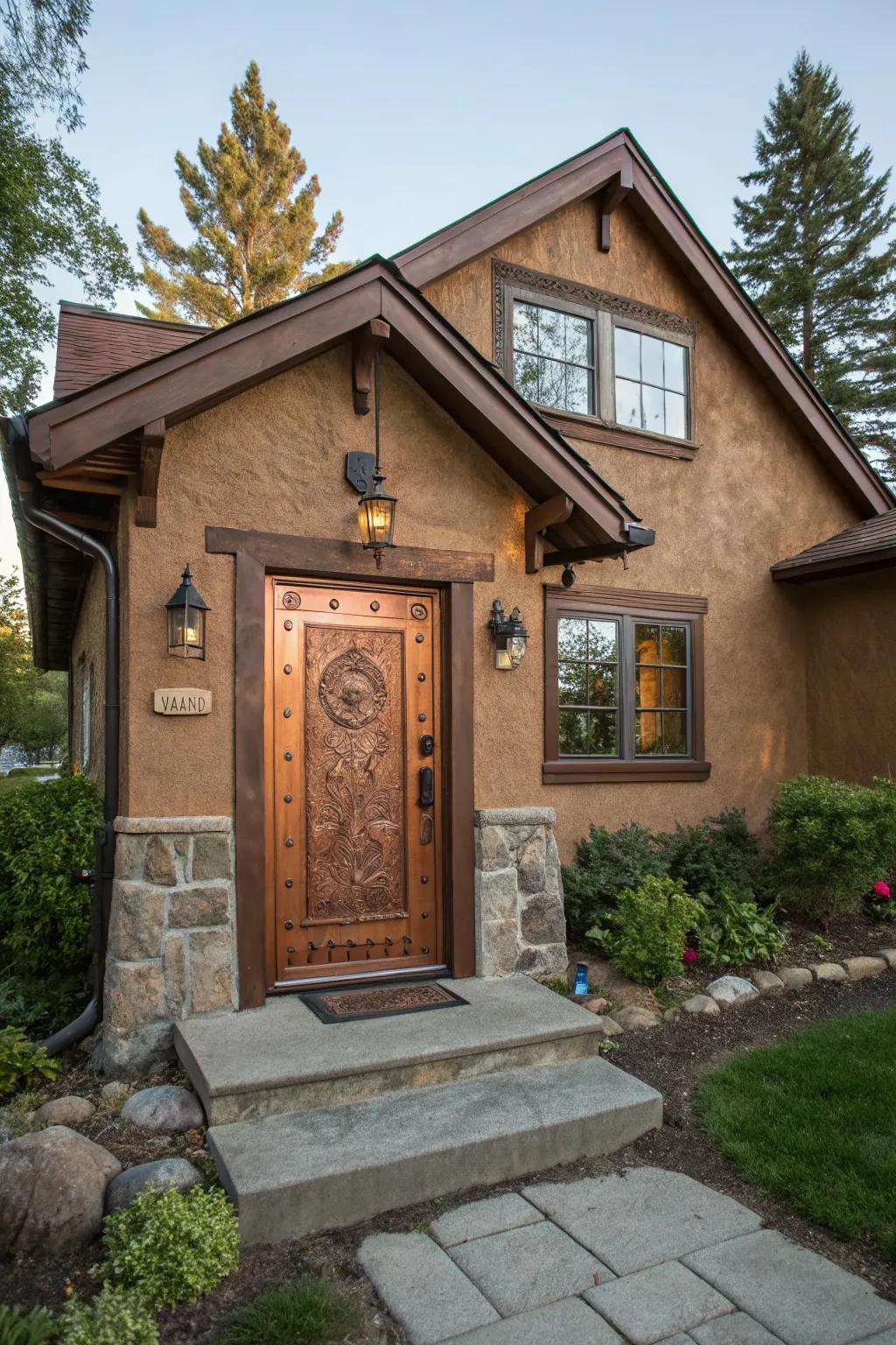 Copper doors add warmth and a unique touch to brown houses.
