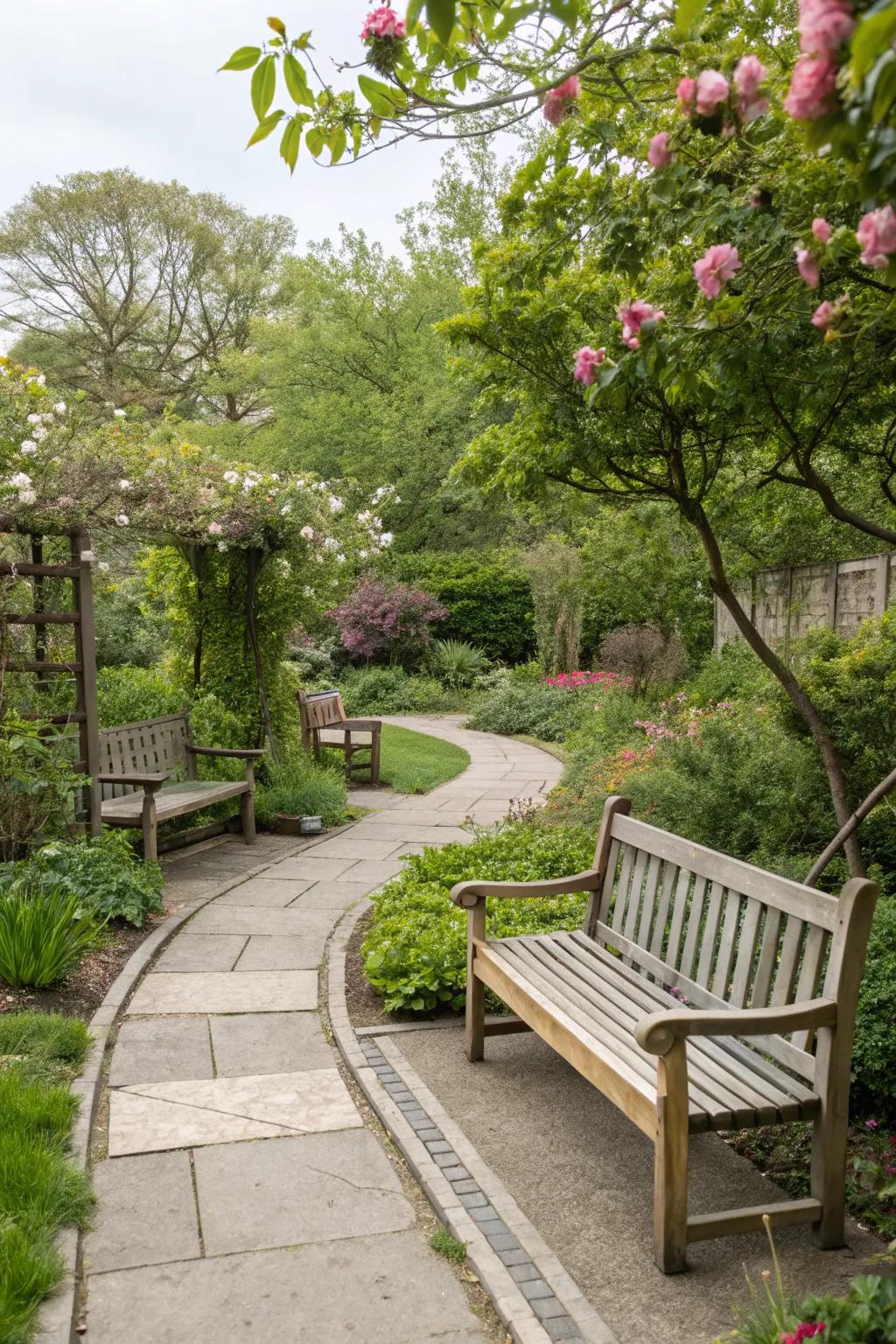 Seating areas serve dual purposes, concealing drain covers elegantly.