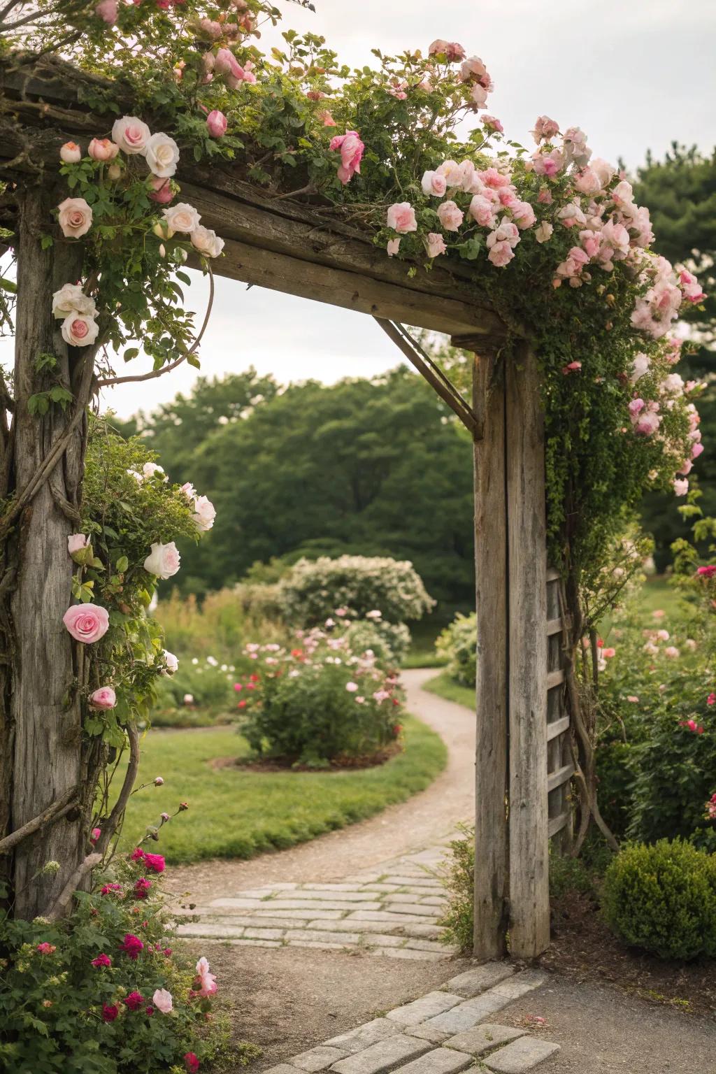 A welcoming driftwood arbor adorned with flowers.
