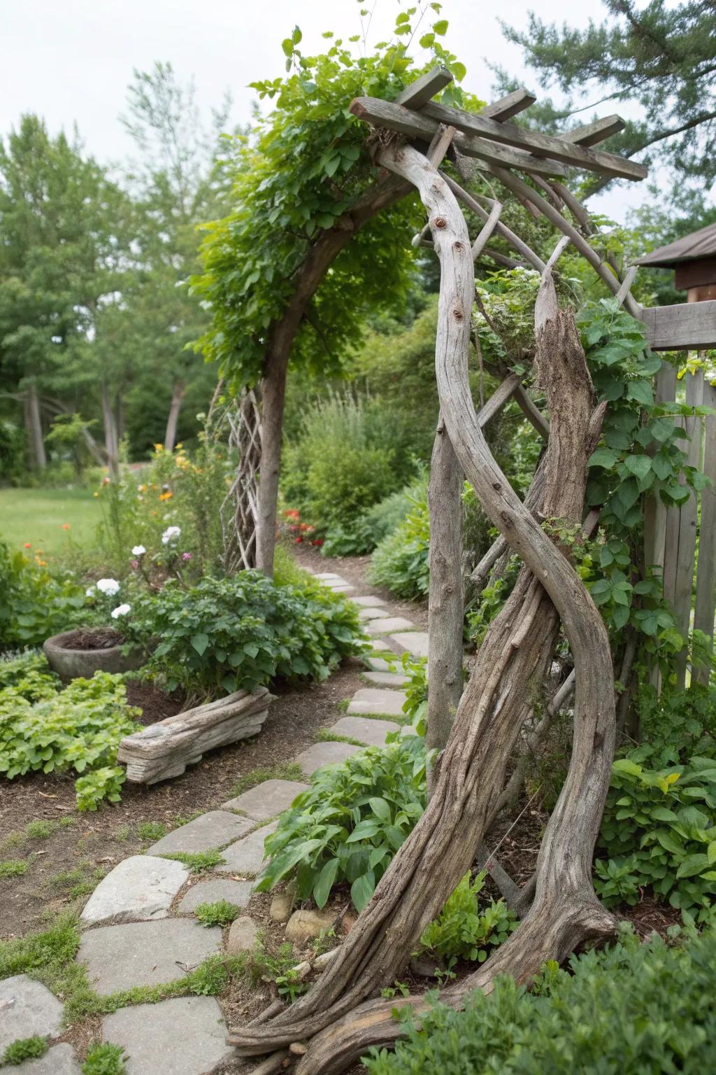 Driftwood providing elegant support for climbing plants.