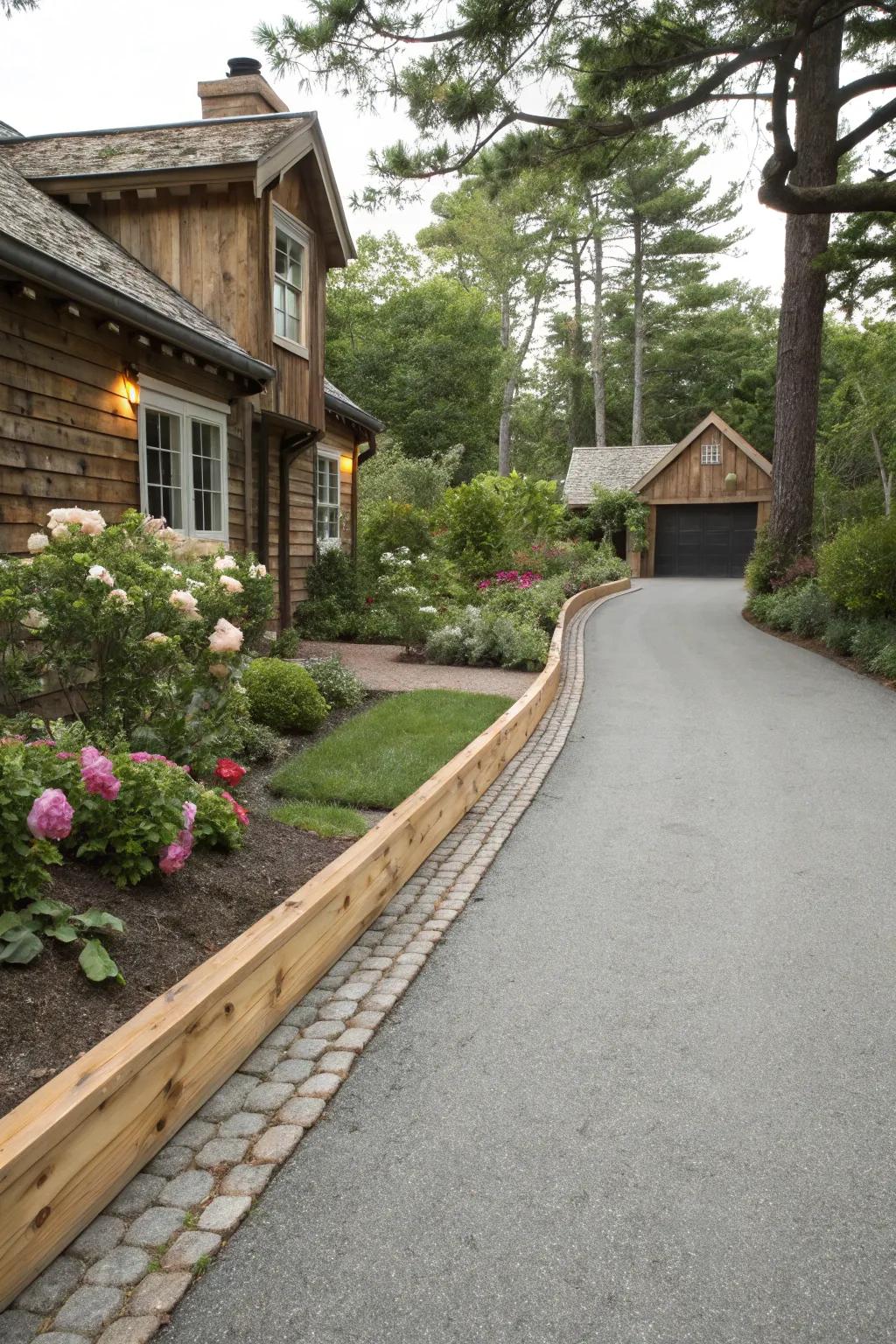 Wooden edging brings a warm, rustic charm to driveways.