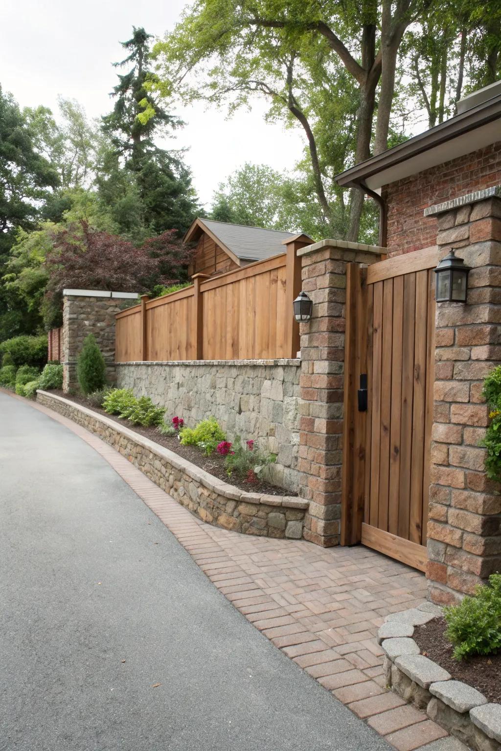A creative mix of materials adds texture and interest to the driveway wall.
