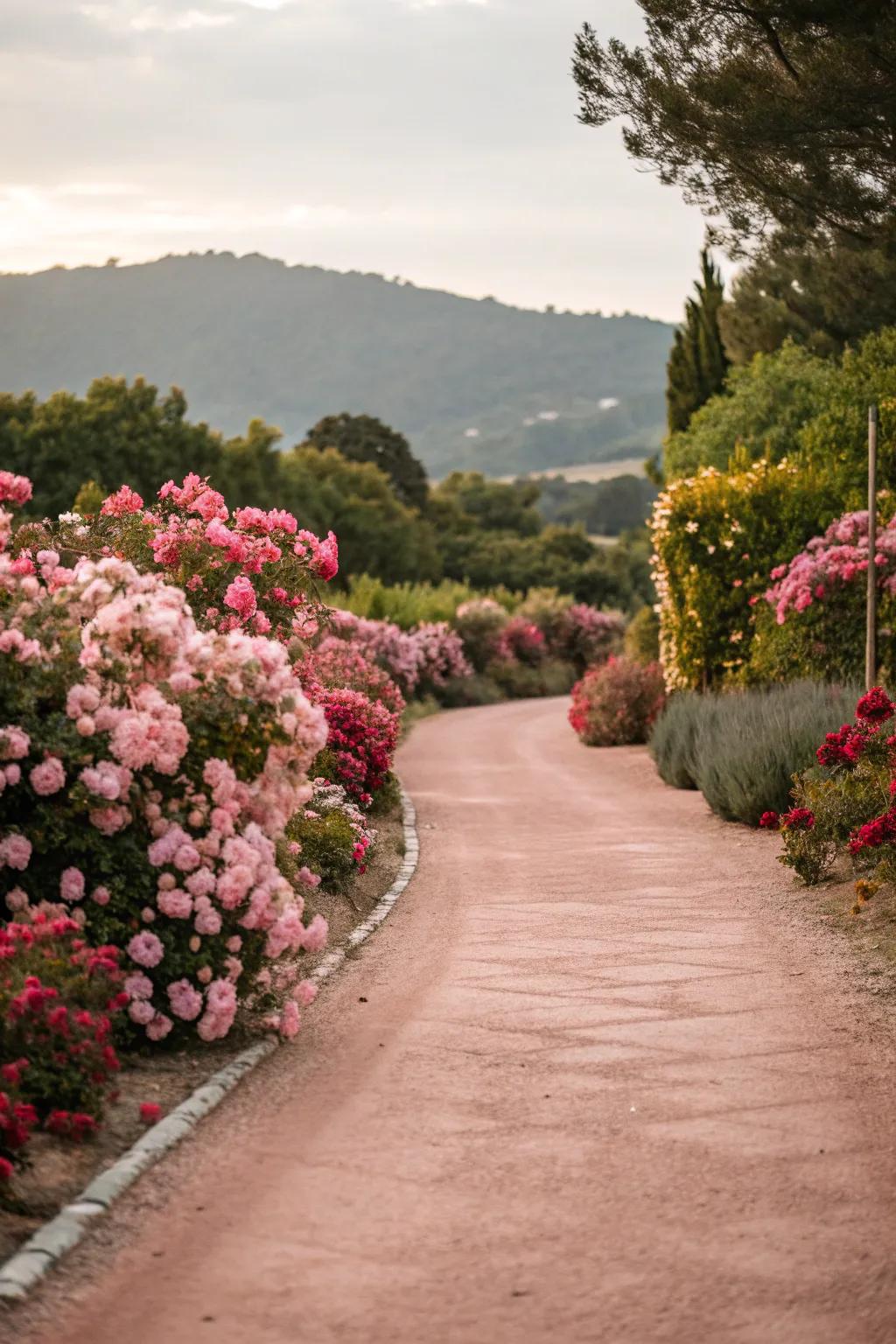 Dusty rose driveways add a playful touch.