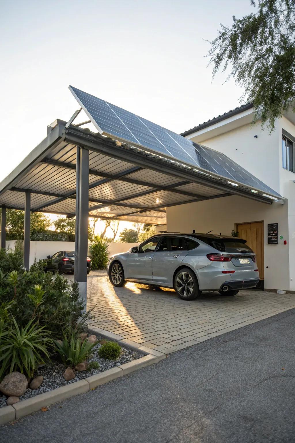 Solar panel roofs offer sustainable energy solutions while covering your driveway.
