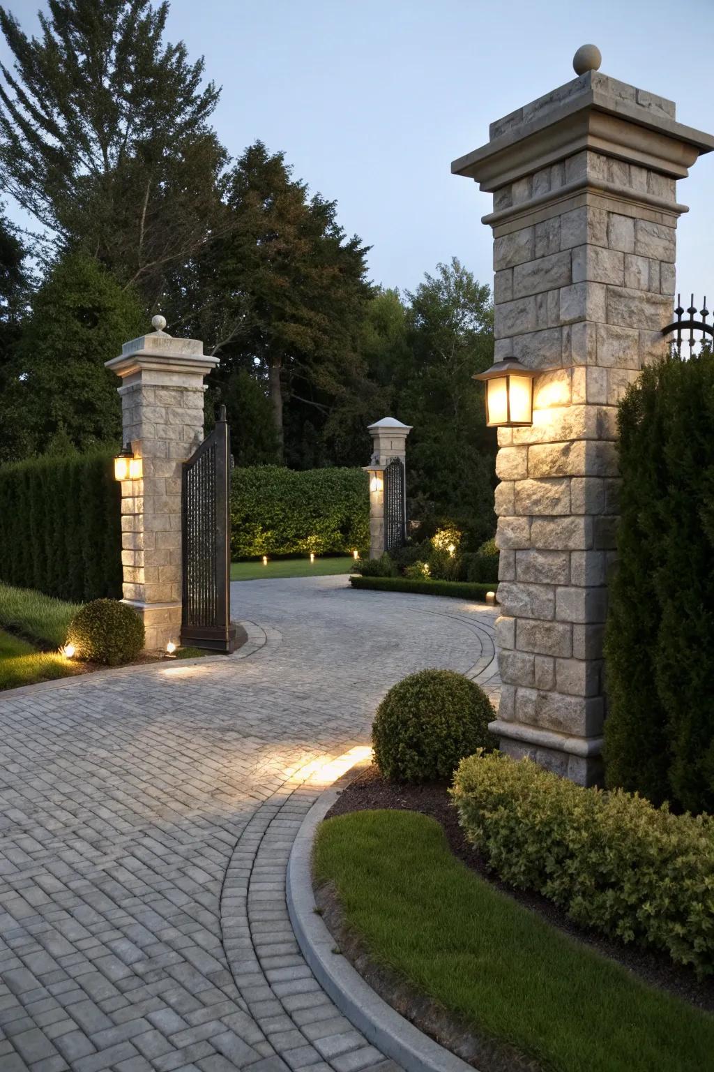 Masonry pillars add a grand and structured look to driveways.