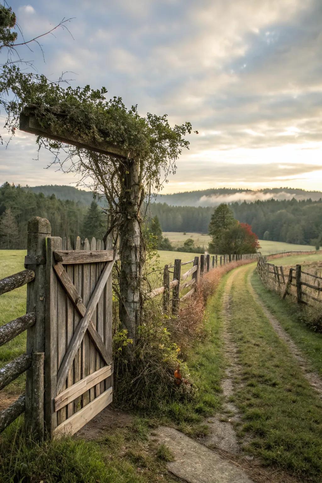 A charming wooden gate complements a split rail fence.