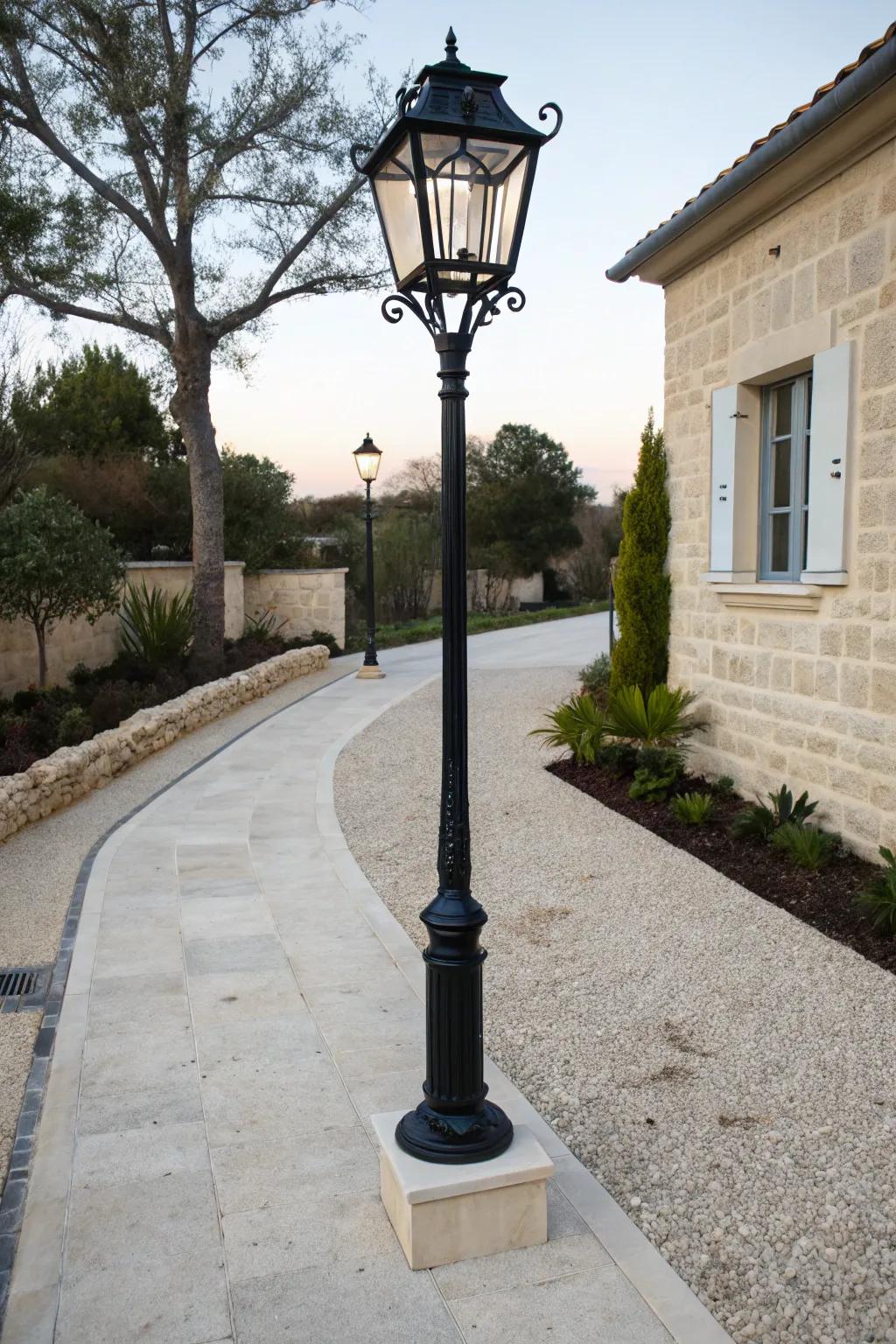 Black iron lamp post offers a bold contrast.