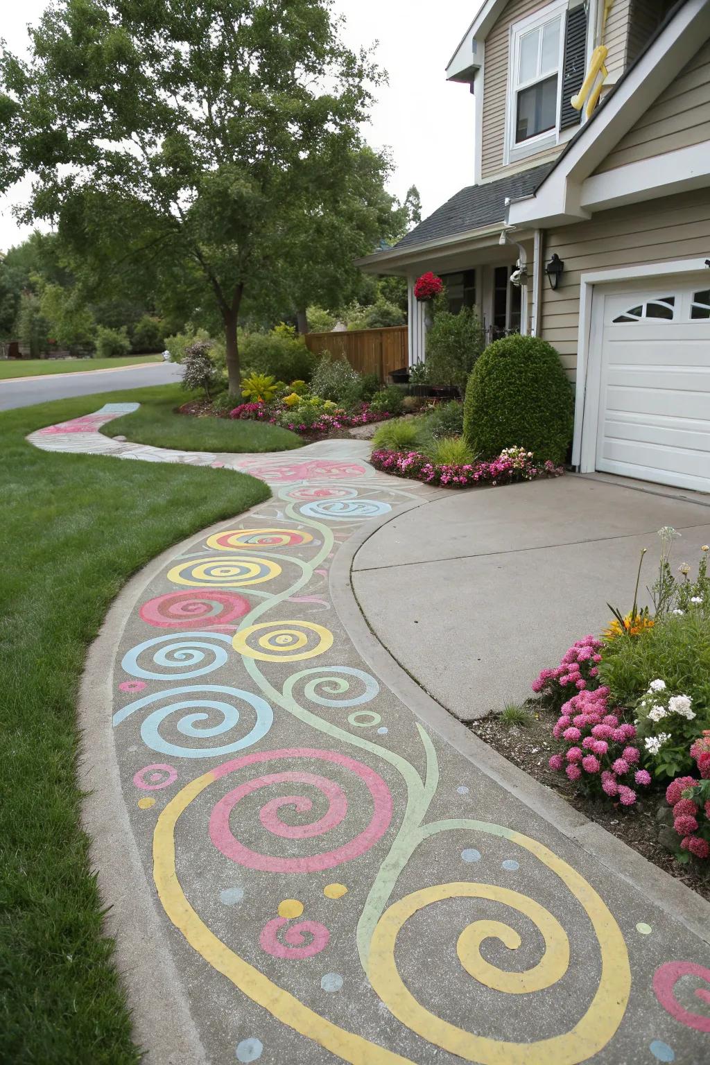 A driveway with whimsical and artistic swirls.