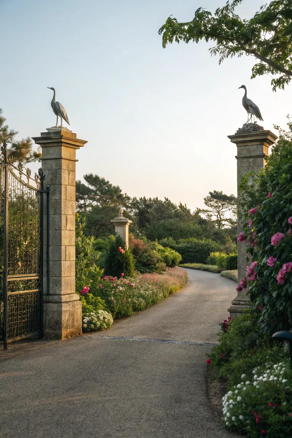 Statues atop pillars create a regal and striking entrance.