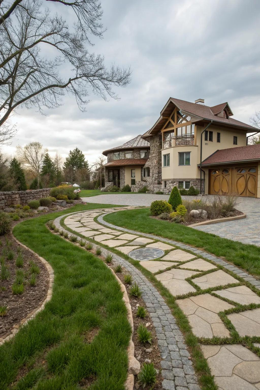 Mixed materials create a visually stunning and unique driveway.