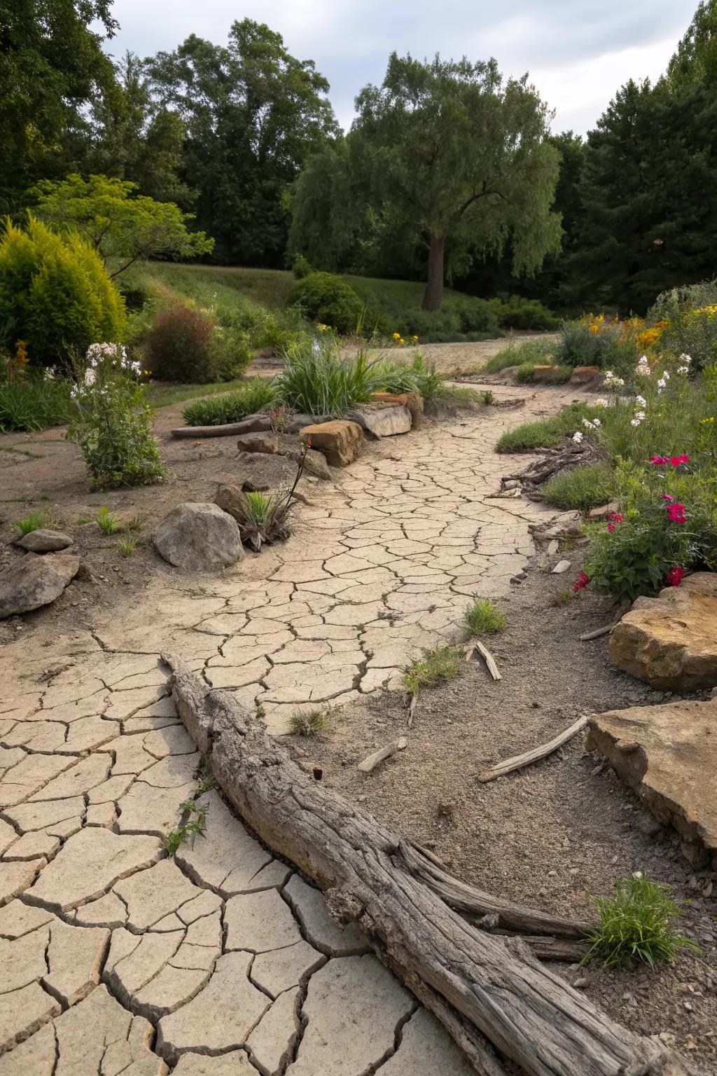 Driftwood adds a rustic touch to a dry river bed.
