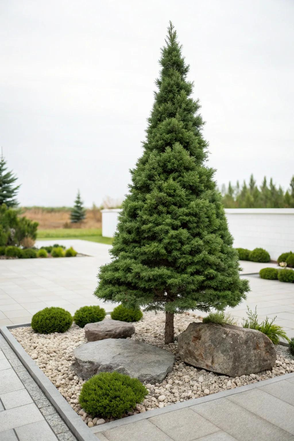 Dwarf Alberta spruce as a striking focal point in a simple landscape.