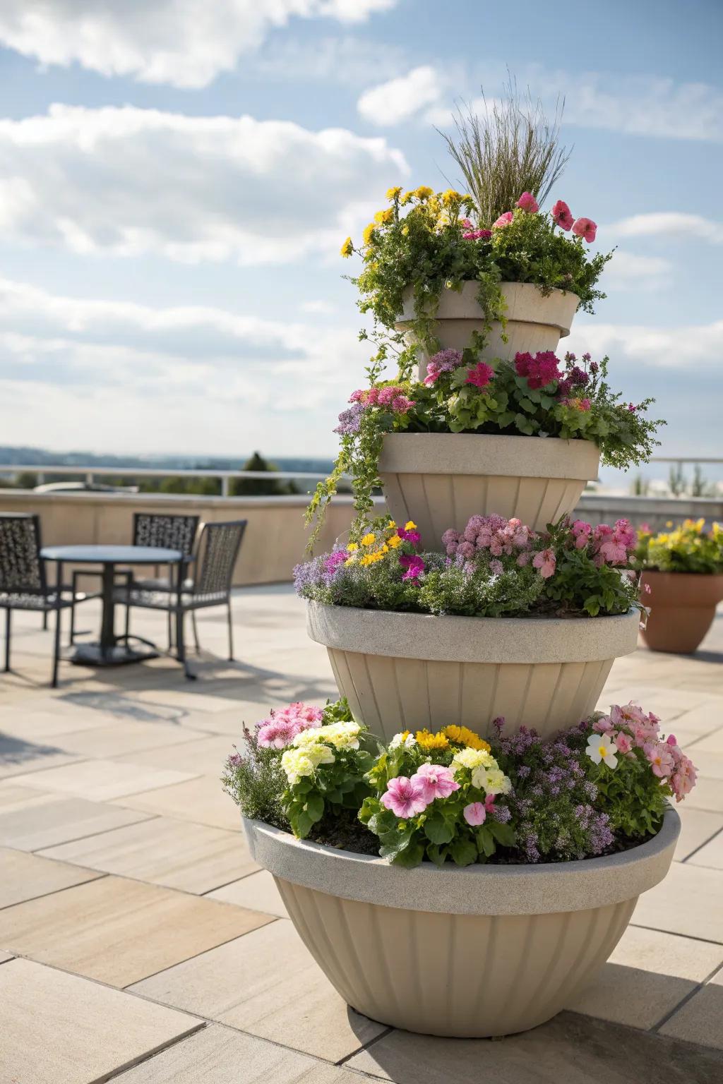 Layered height drama with a tiered arrangement for visual impact.
