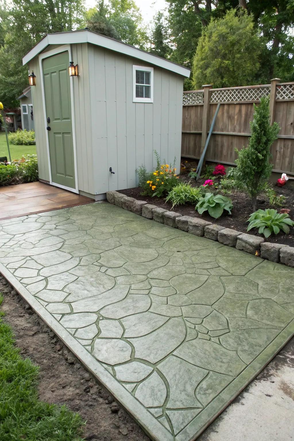 A naturally integrated garden shed foundation featuring olive green random stone pattern stamped concrete.