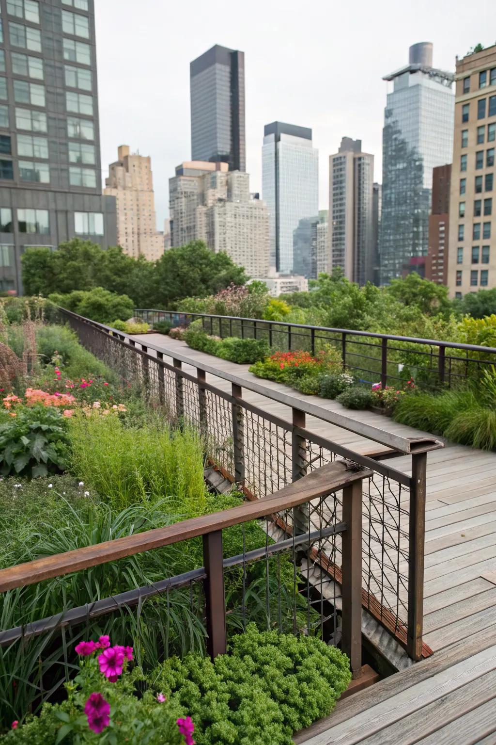 Recycled metal railings add industrial flair.