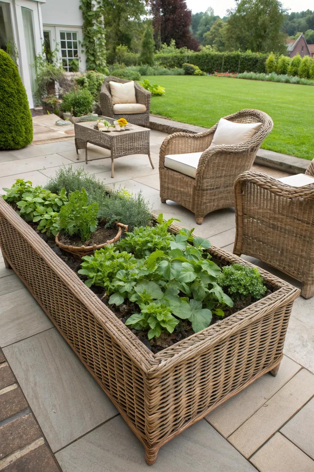 Wicker beds add charm and blend with outdoor decor.