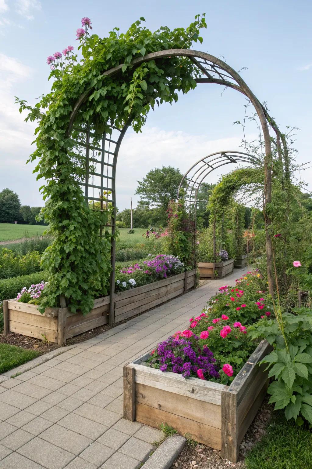 Stunning archway trellises for climbing plants.