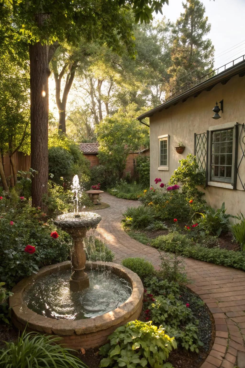A water feature adds serenity and beauty to the backyard.