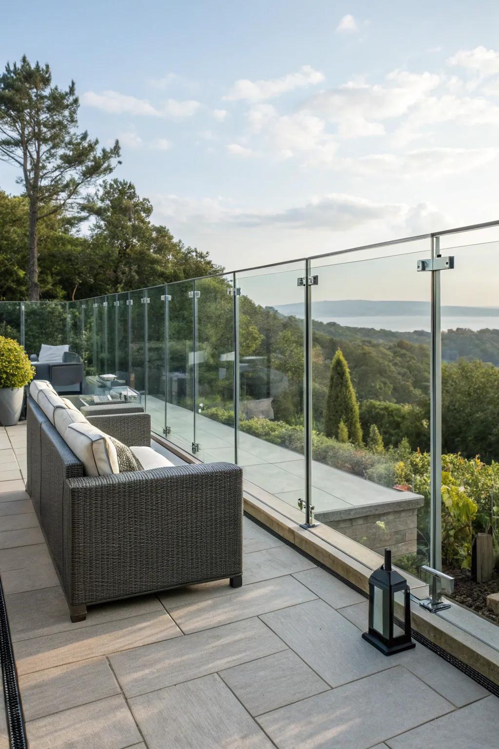 A modern patio with glass balustrades, offering clear views and sleek lines.