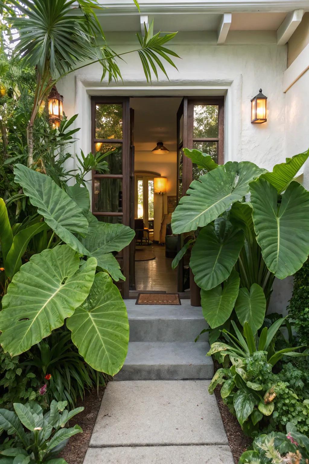 Welcome guests with a grand tropical entrance using elephant ears.