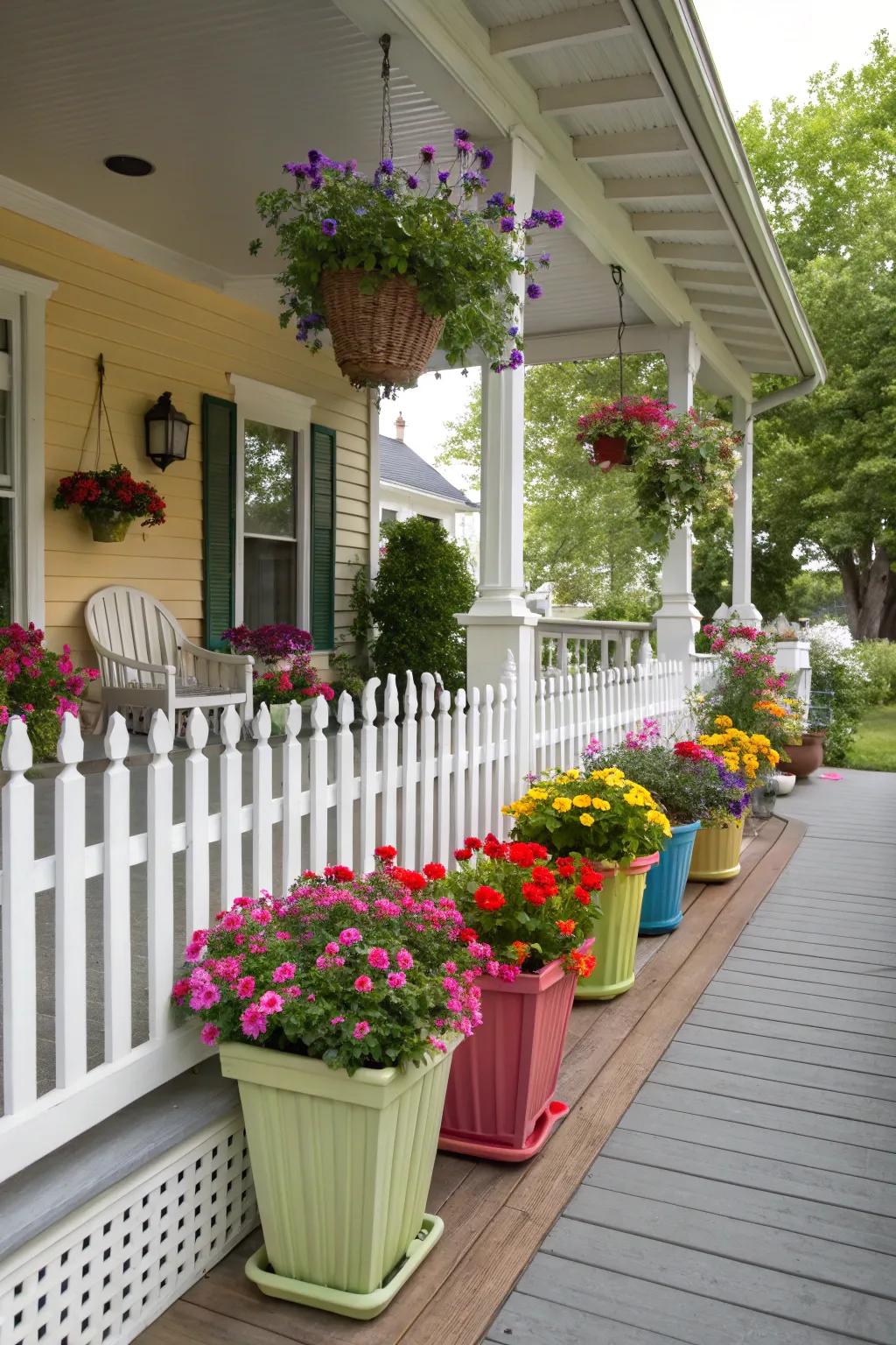 Colorful planters add a cheerful pop to any porch.