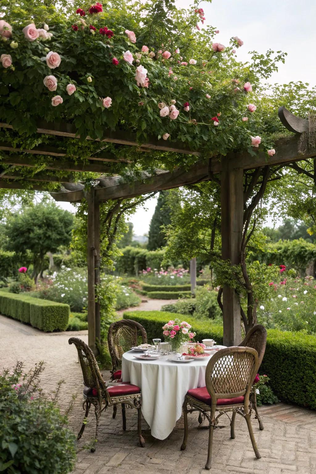 Dine under a pergola adorned with roses.