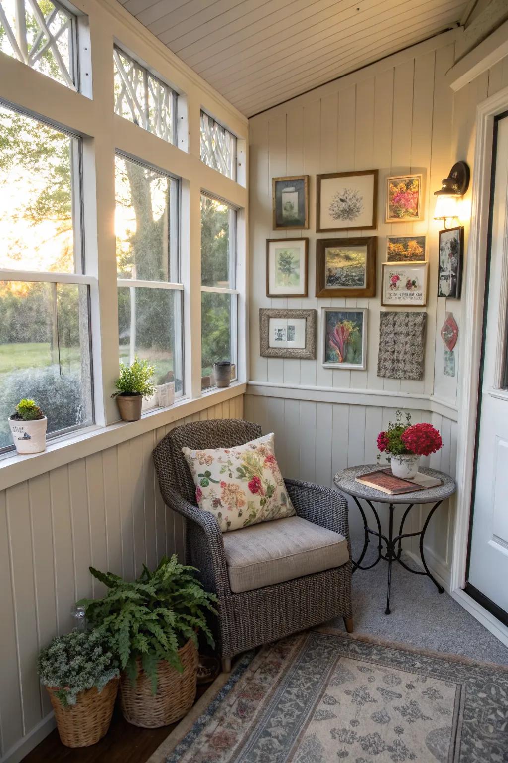 A small enclosed porch featuring personalized decor and artwork.