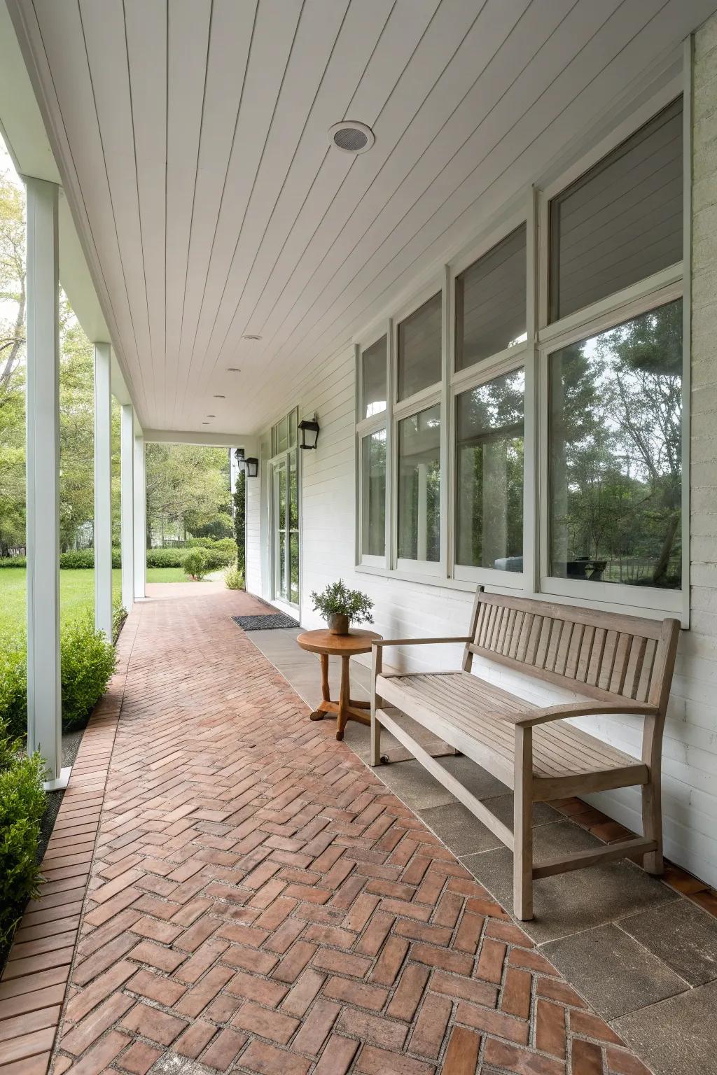 Minimalist furniture paired with brick surfaces offers modern elegance.