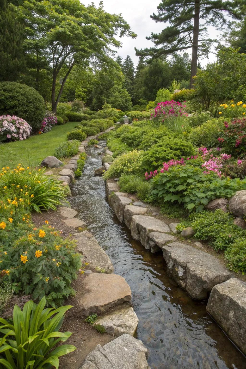 A discreet water diversion channel keeping the garden dry.