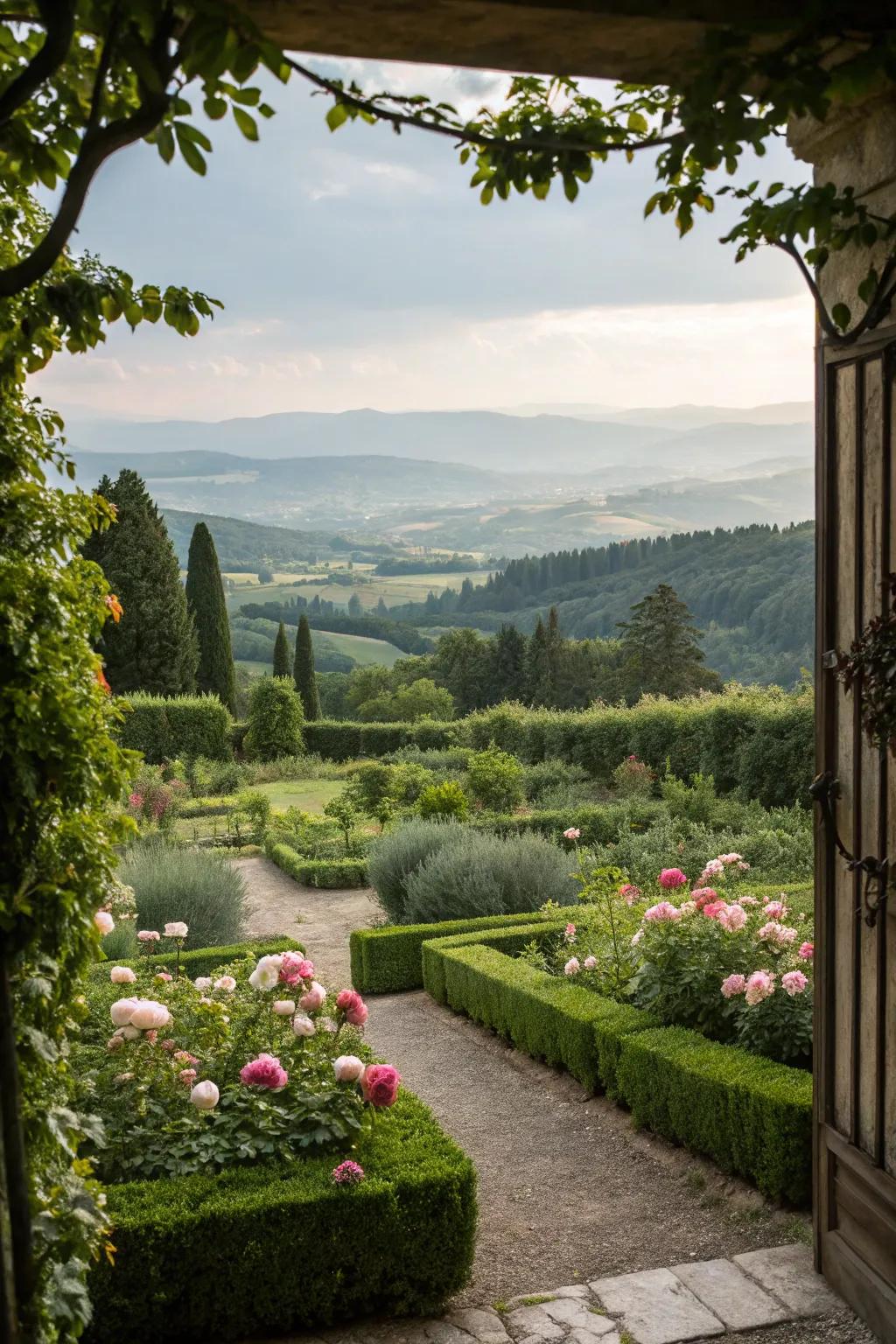 A garden designed to maximize stunning views of the surrounding landscape.