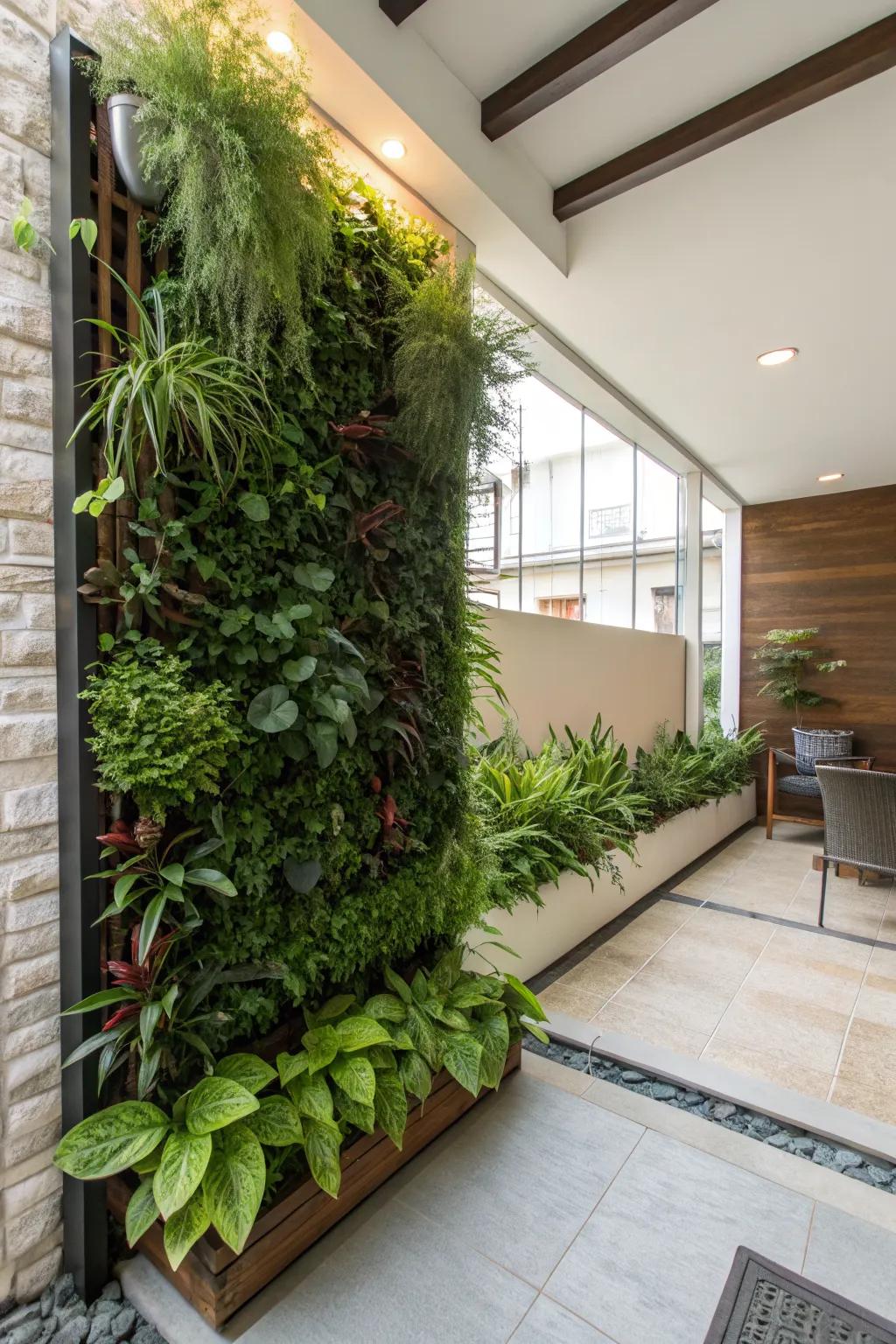 A vertical garden with evergreen plants in a small space.