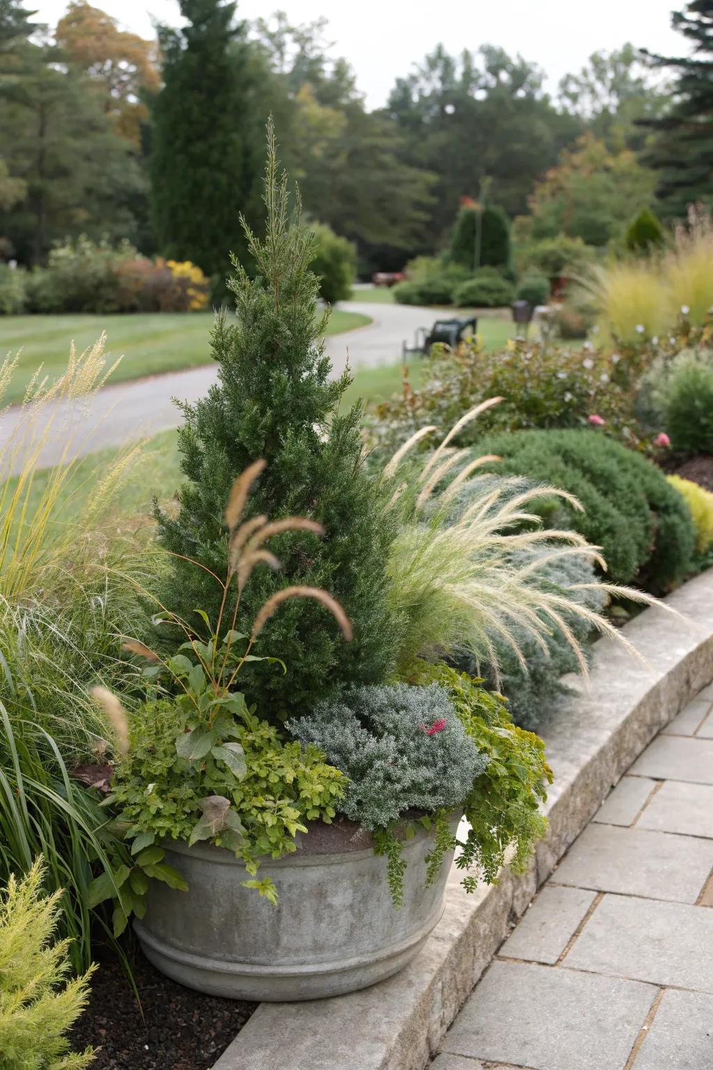 Evergreens and grasses: a textural dance in the garden.