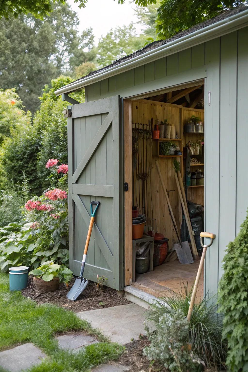 Sliding barn door adding charm to a garden shed