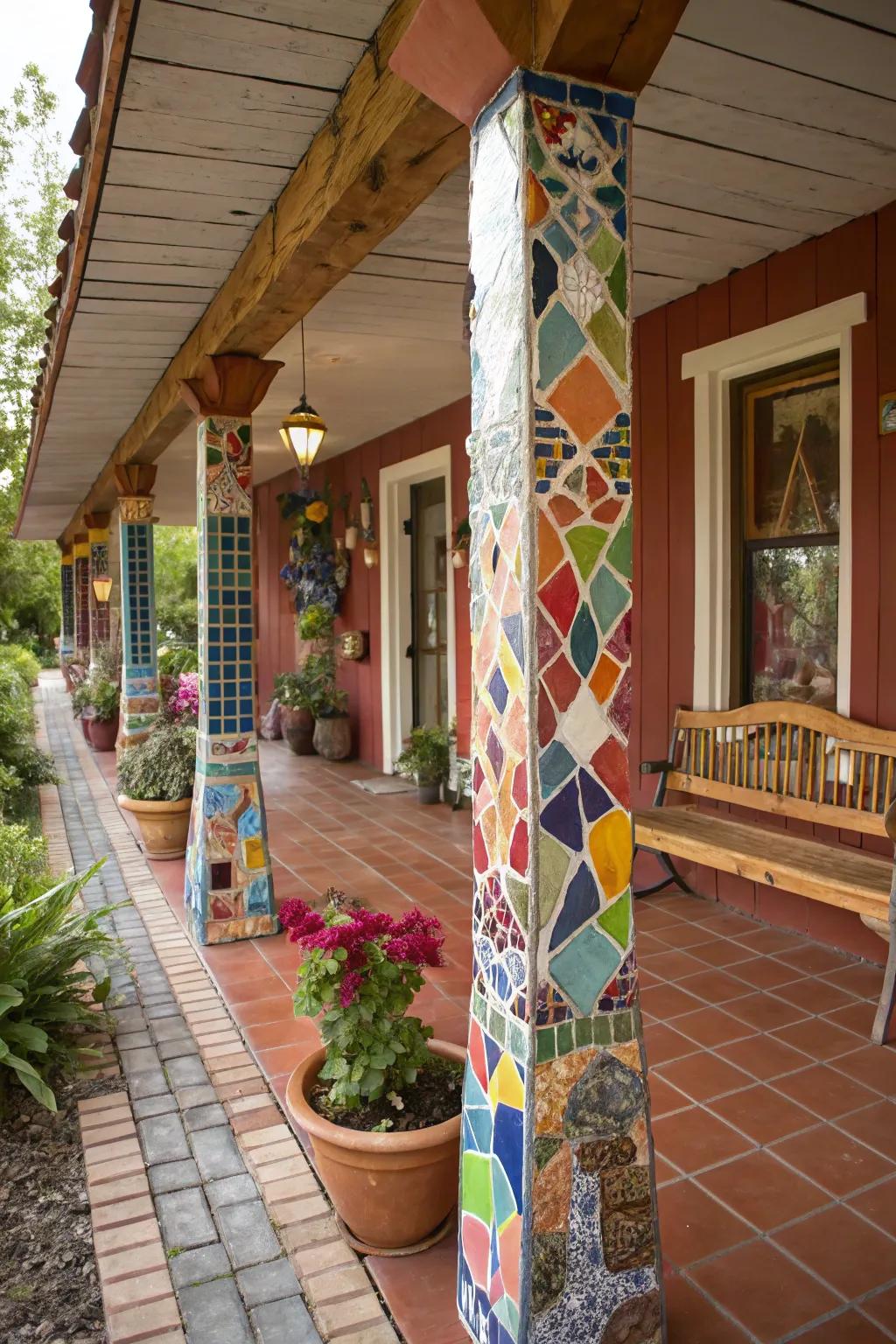Mosaic wraps transform beams into art pieces.