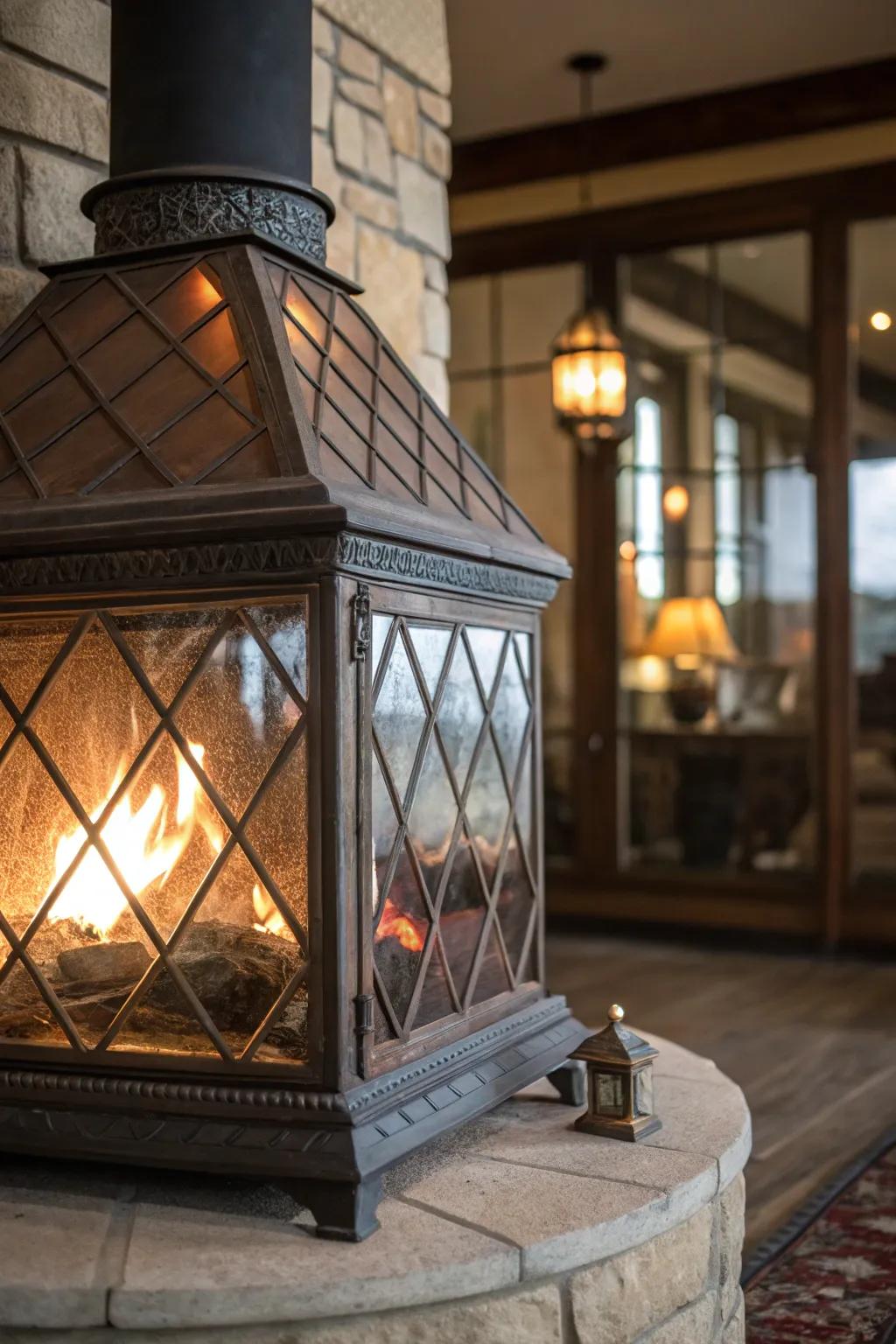 A chimney with glass panels that offer a view of the cozy fireplace inside.