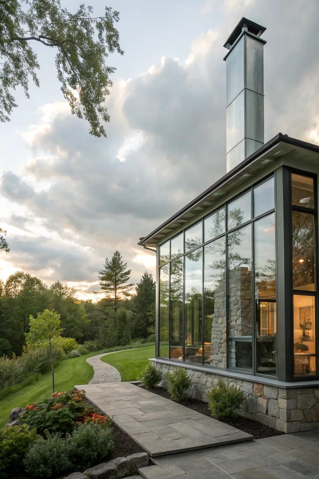 Glass panels create a stunning reflective chimney design.