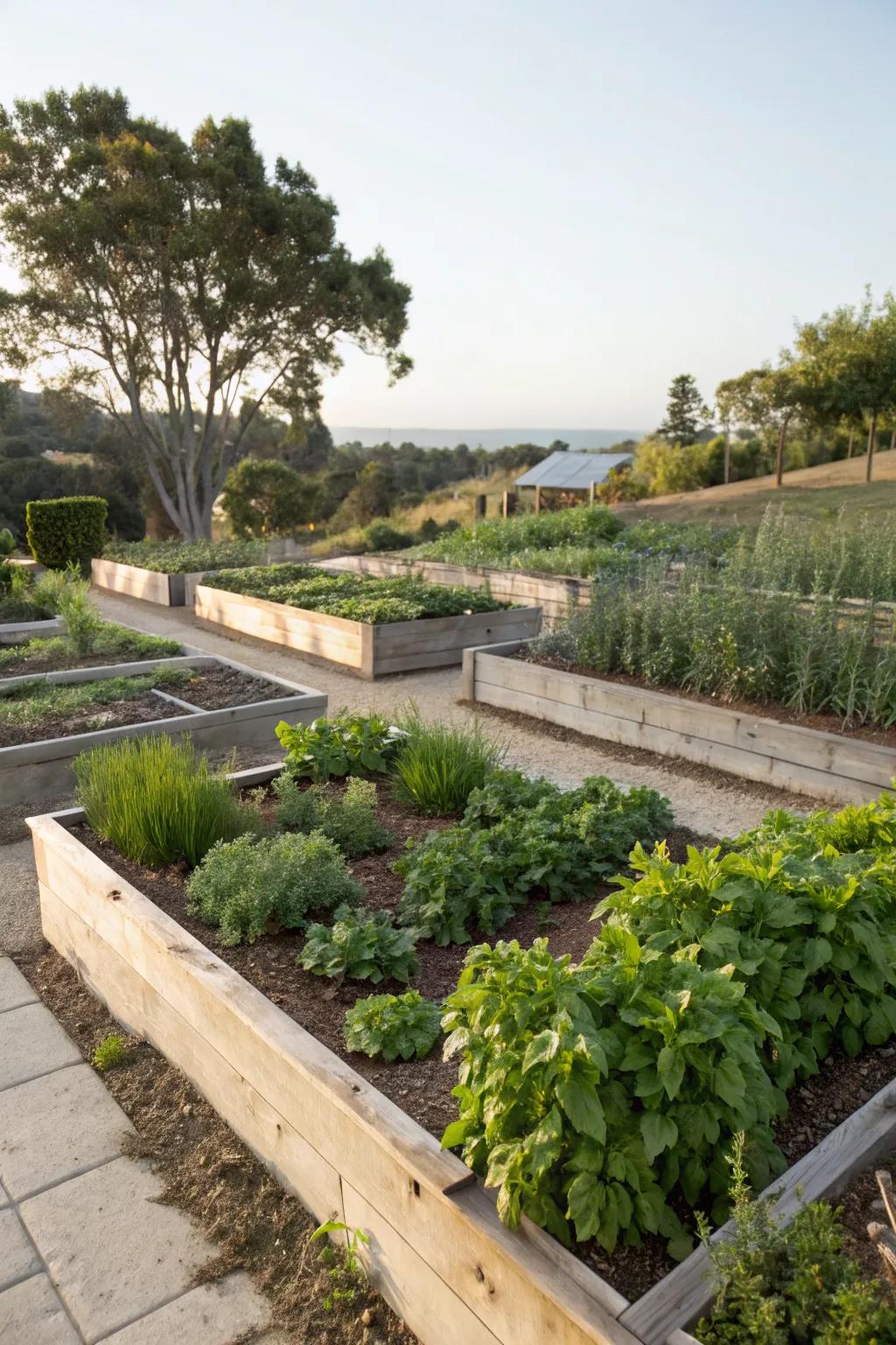 Herb garden beds create a lush and useful cover for this foundation.