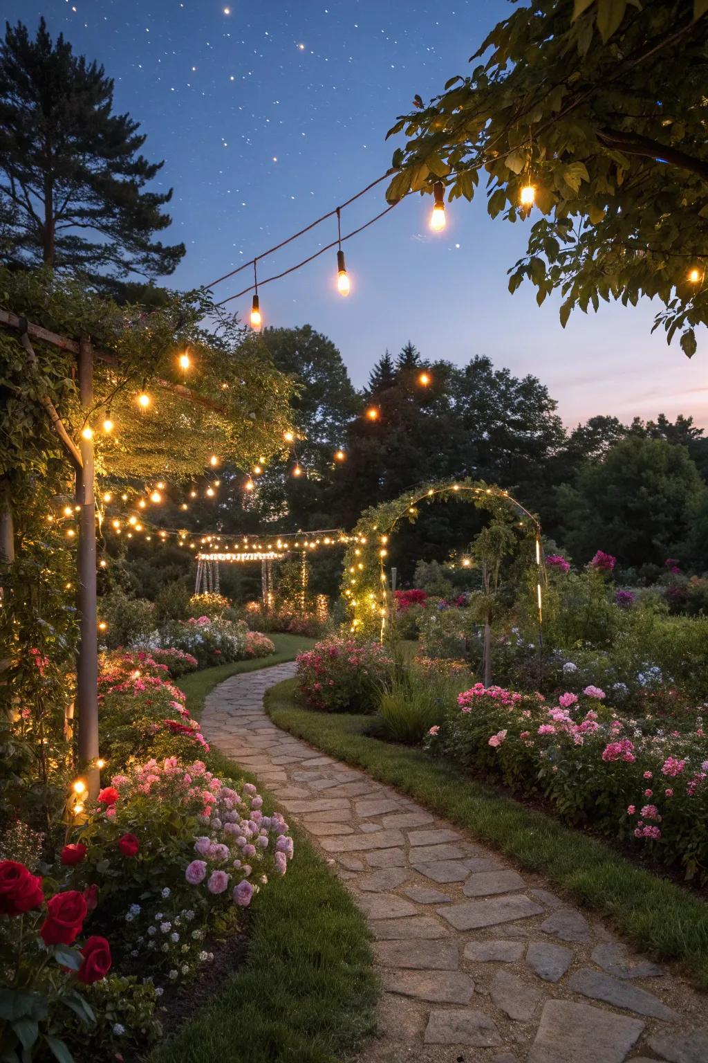 A garden transformed by strategic evening lighting.