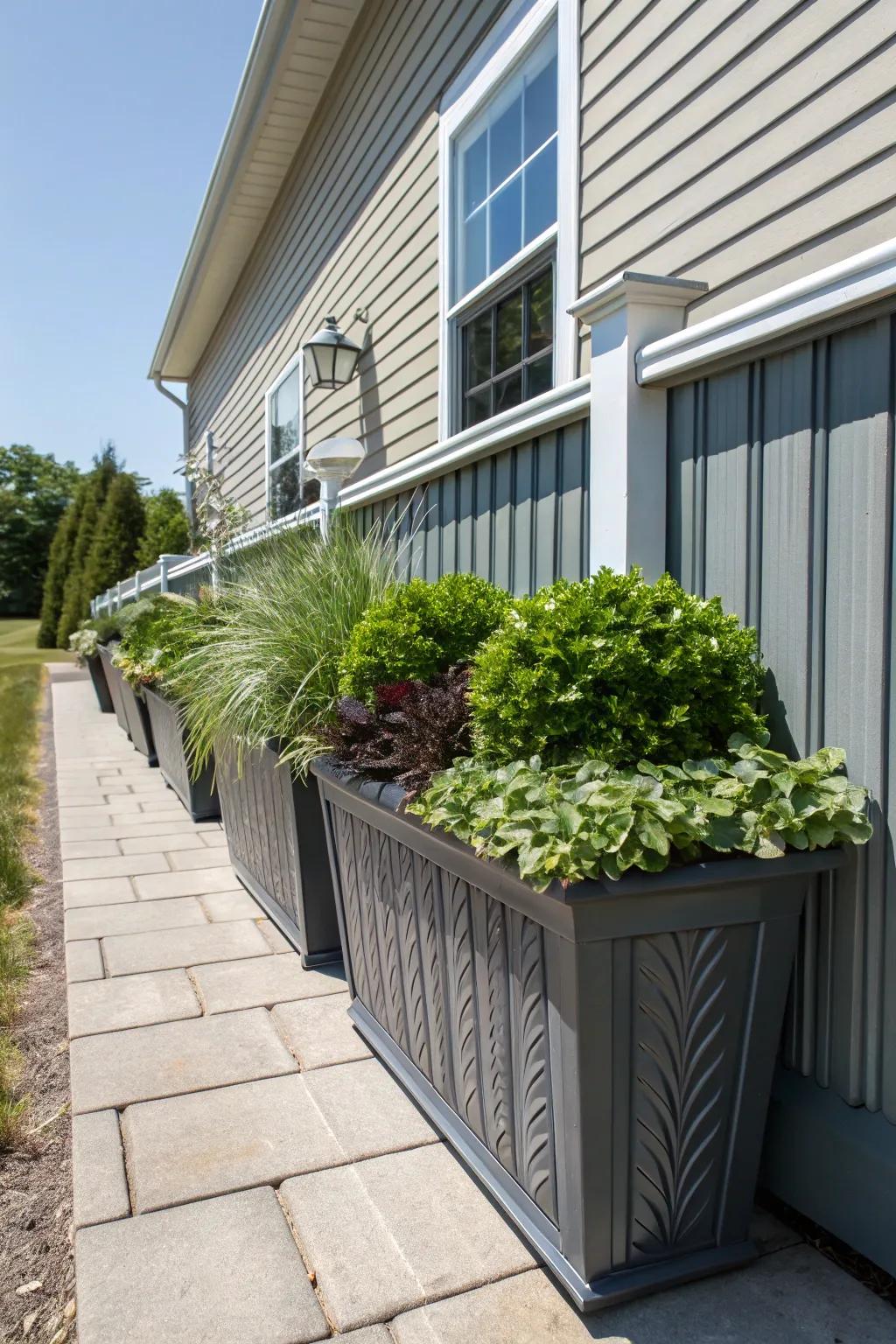 Greenery and texture with planters.