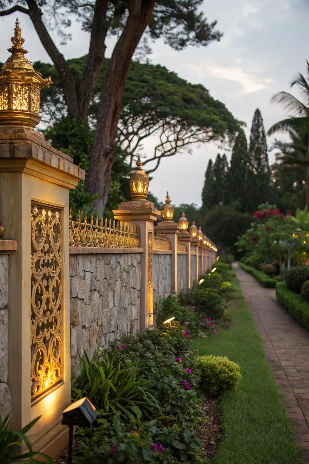 Metallic accents bring a luxurious touch to garden walls.