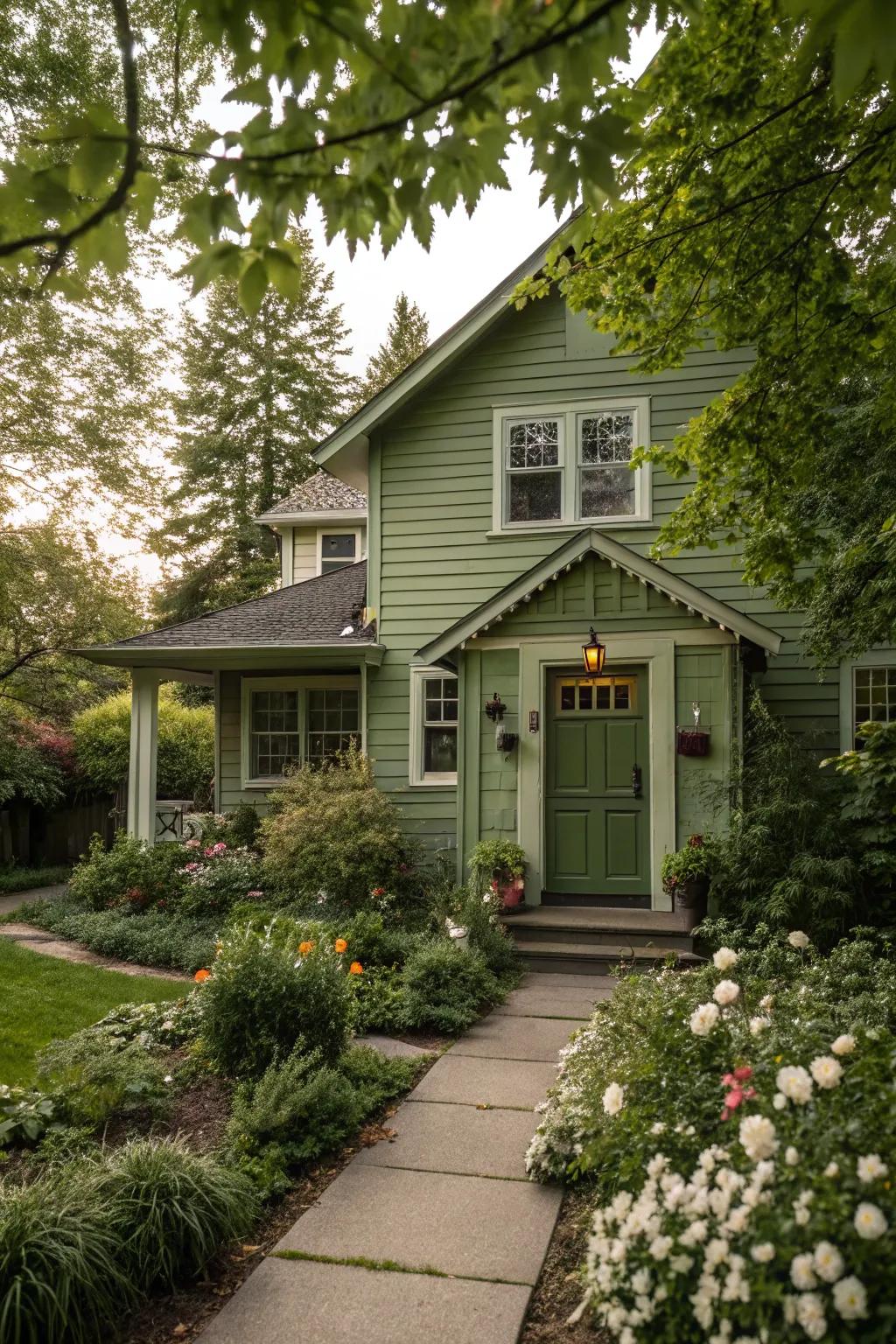 Olive green harmonizes with sage for a monochromatic appeal.