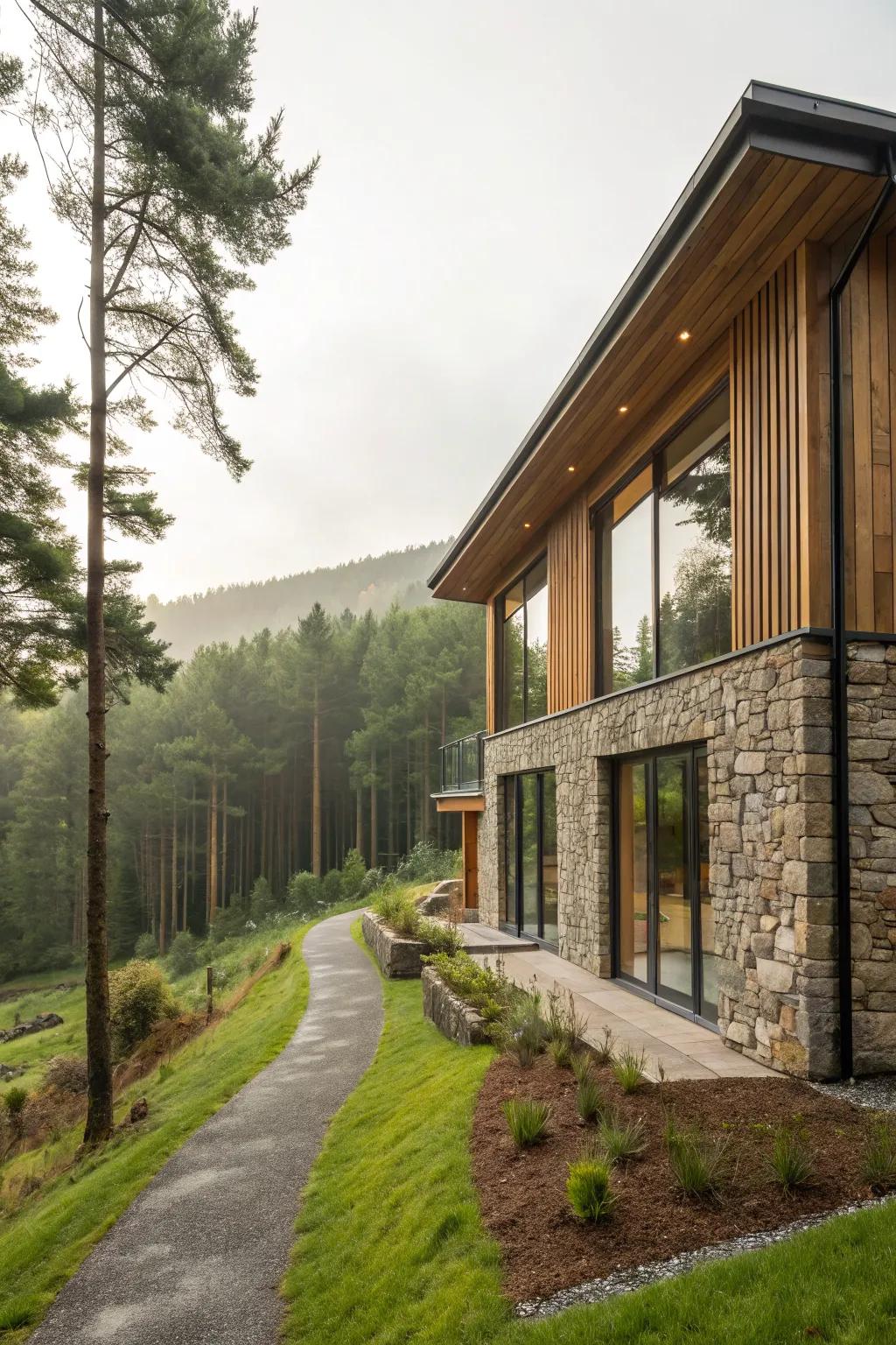Home with integrated wood and stone cladding