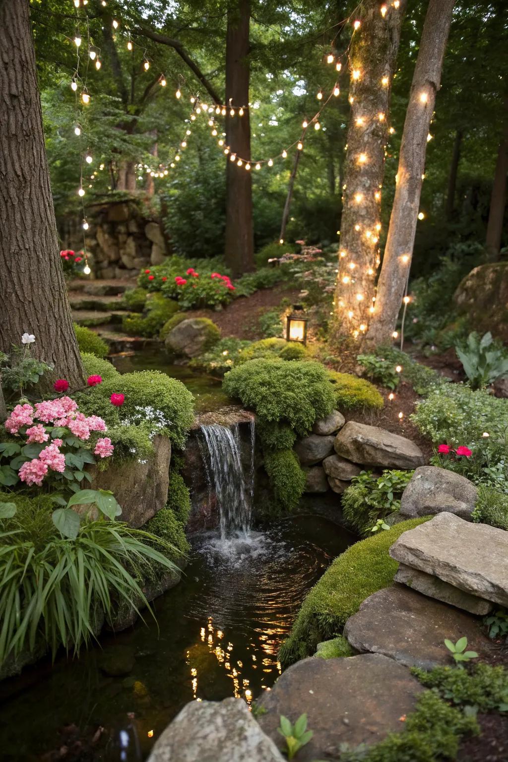 A serene miniature water feature enhancing the tranquility of a fairy garden.