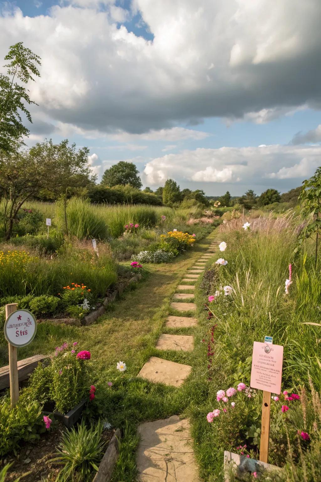 A garden set up for a fairy treasure hunt, filled with mystery and adventure.